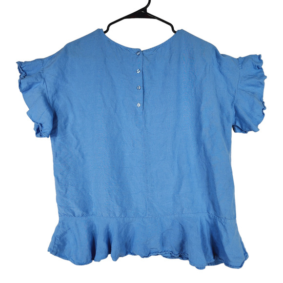 Context Linen Peplum Top Blouse sz M Women Blue Flutter Sleeves Cottage Coastal - Picture 2 of 13